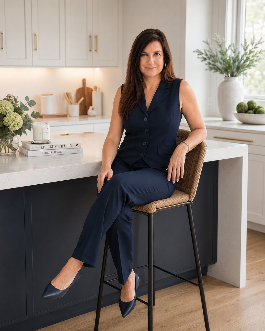 Jayne Kerns-Swystun, Texas Realtor, sitting at a kitchen counter