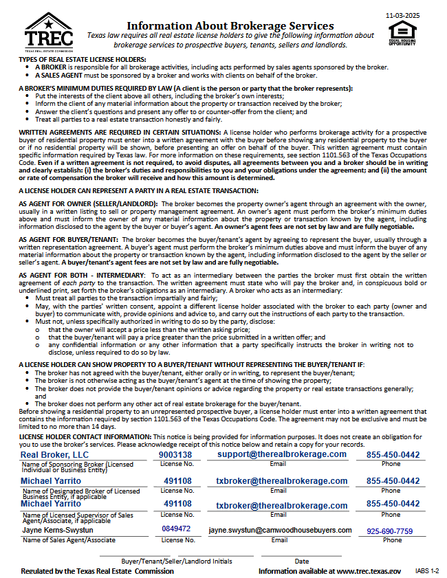 TREC Information About Brokerage Services notice