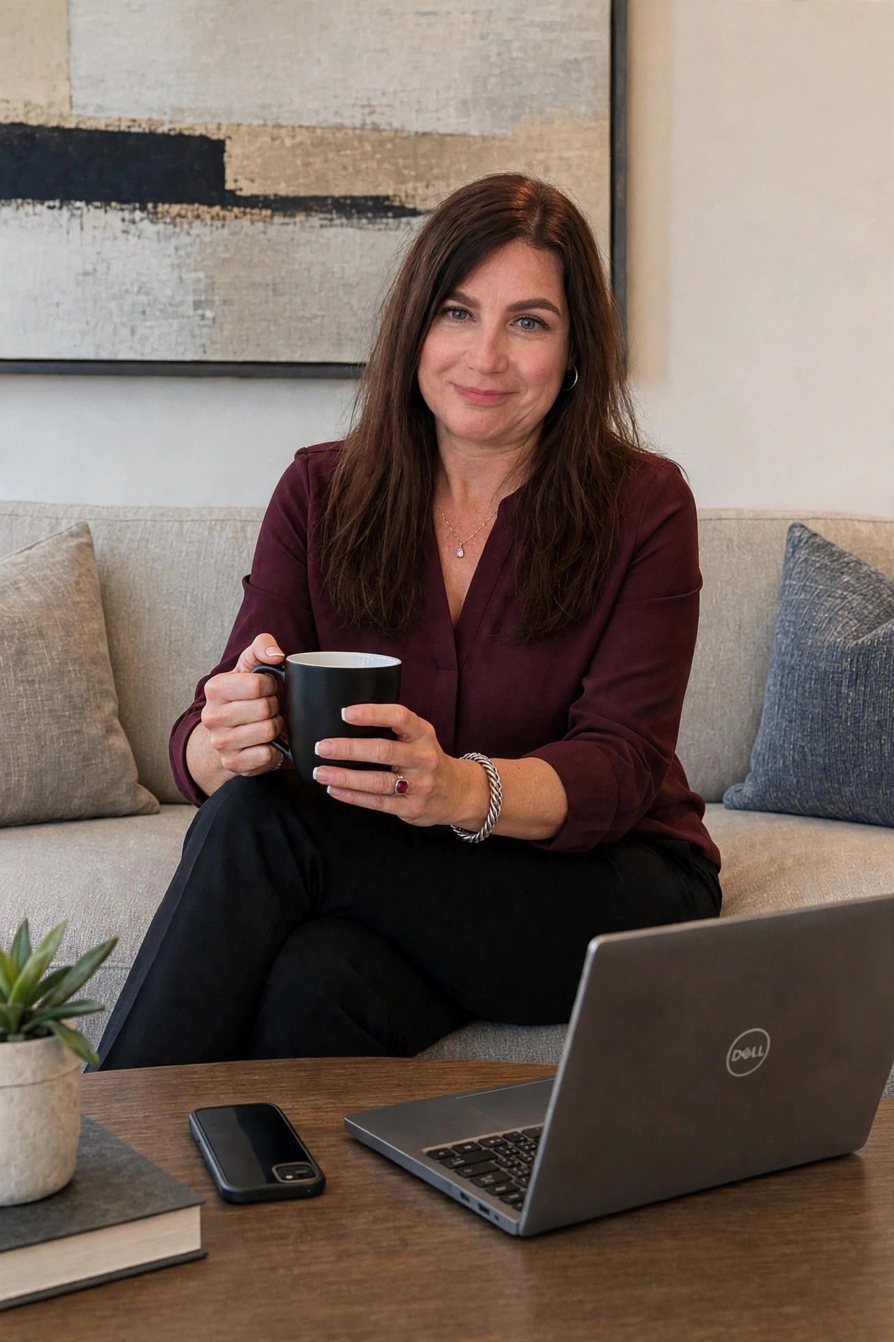 Homeowner relaxing on office sofa with laptop and coffee